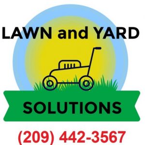 Lawn and yard care logo with lawnmower illustration and contact number in Tracy, CA.